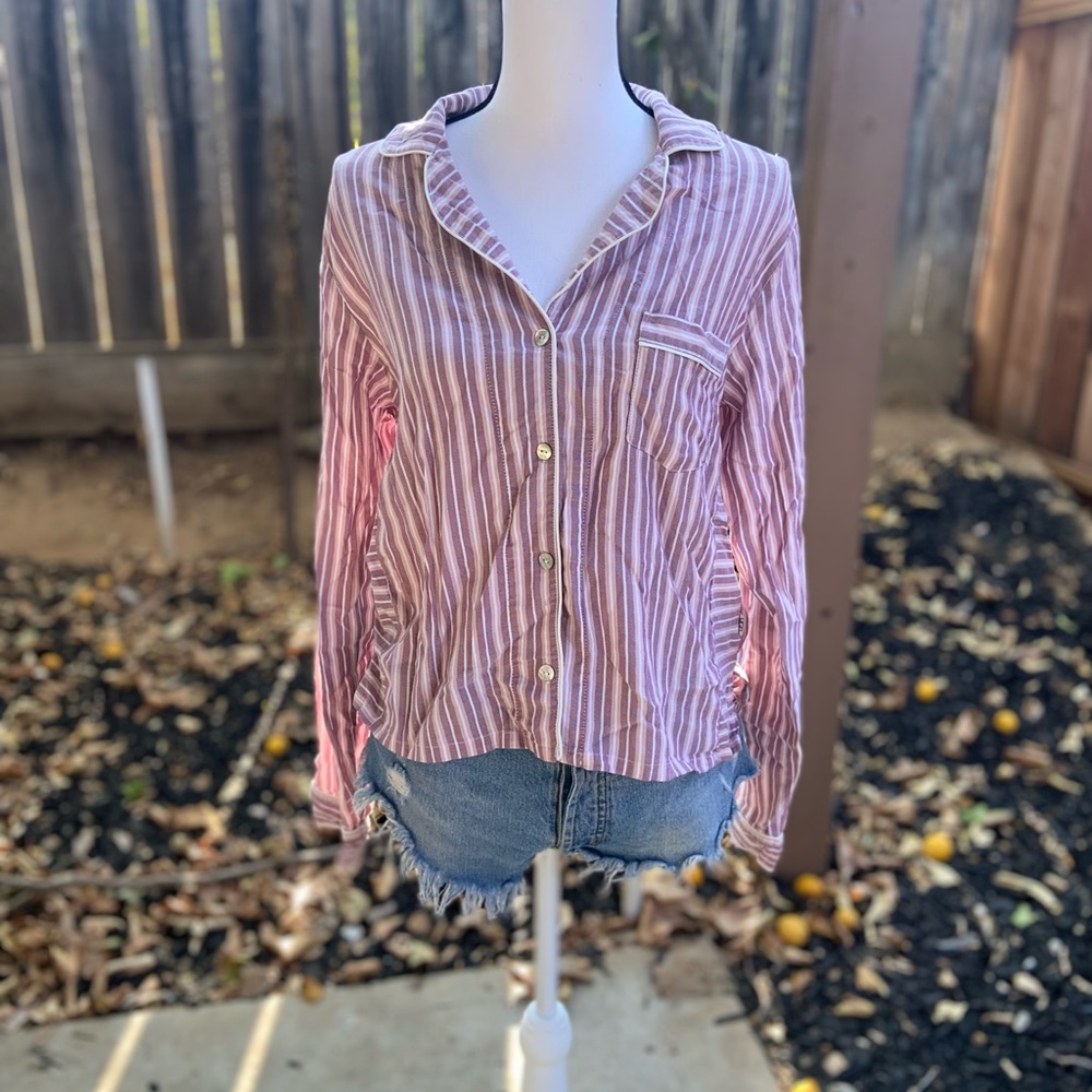 UGG Purple Striped Long Sleeve Button-down PJ Sleep Blouse